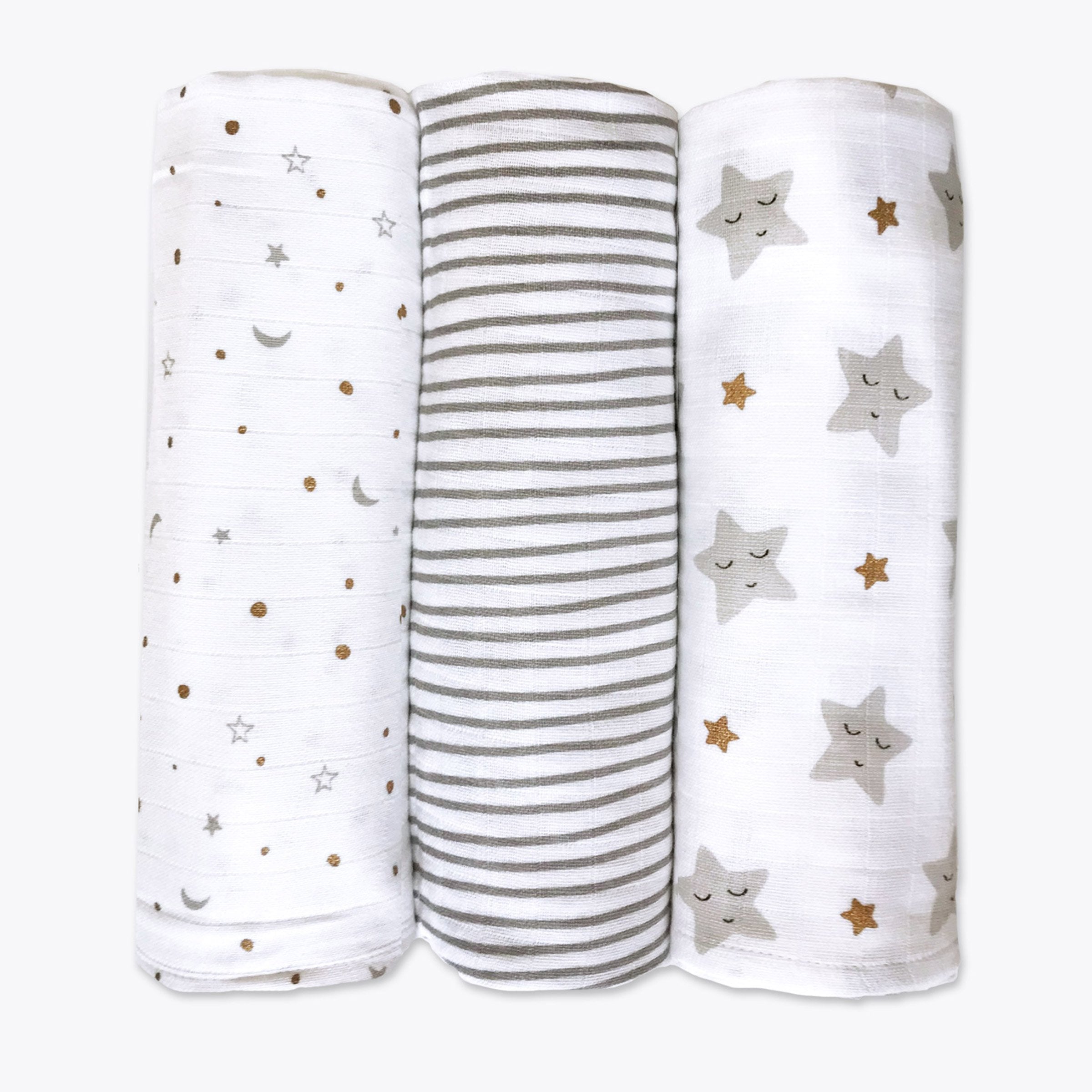 Star Metallic Gold 3 PC Kids Organic Muslin Swaddles Set