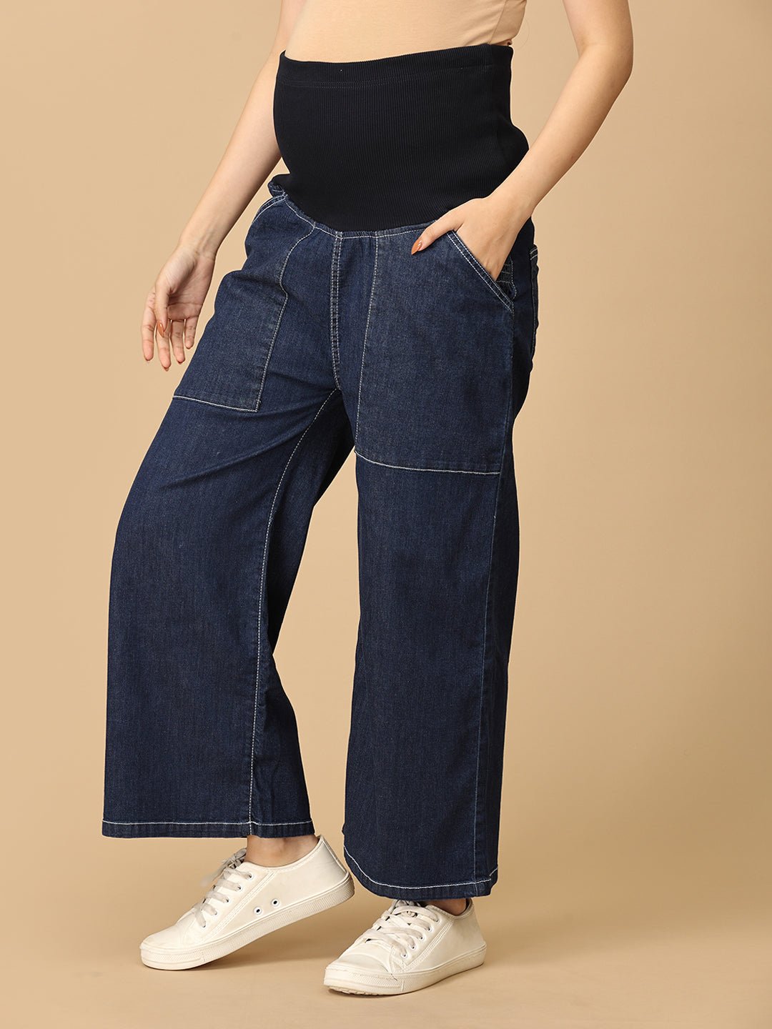 Maternity Cargo Denim with Belly Support Blue