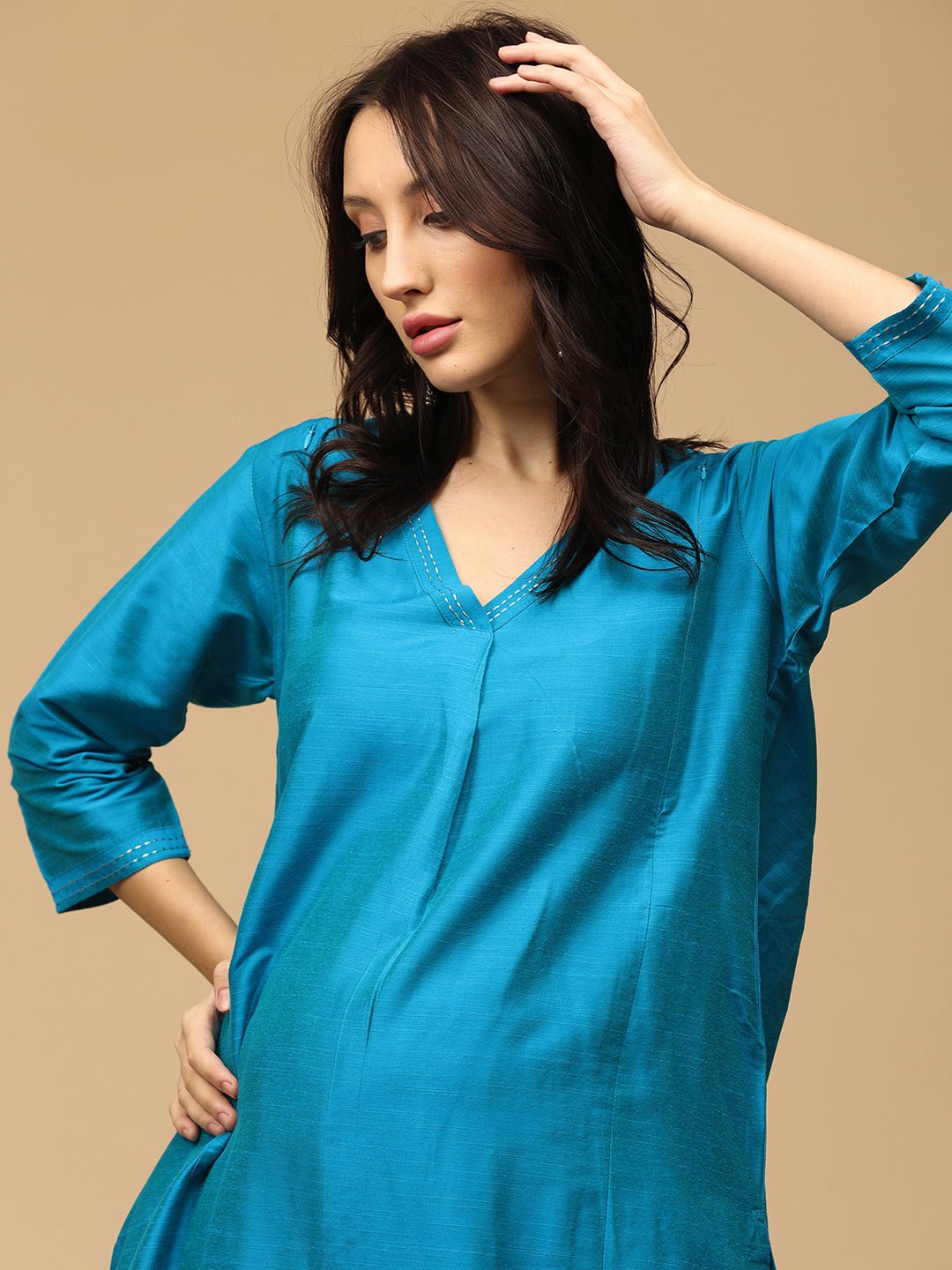 Mermaid Moment Embroidered Maternity and Nursing Silk Kurta Set Aqua Blue