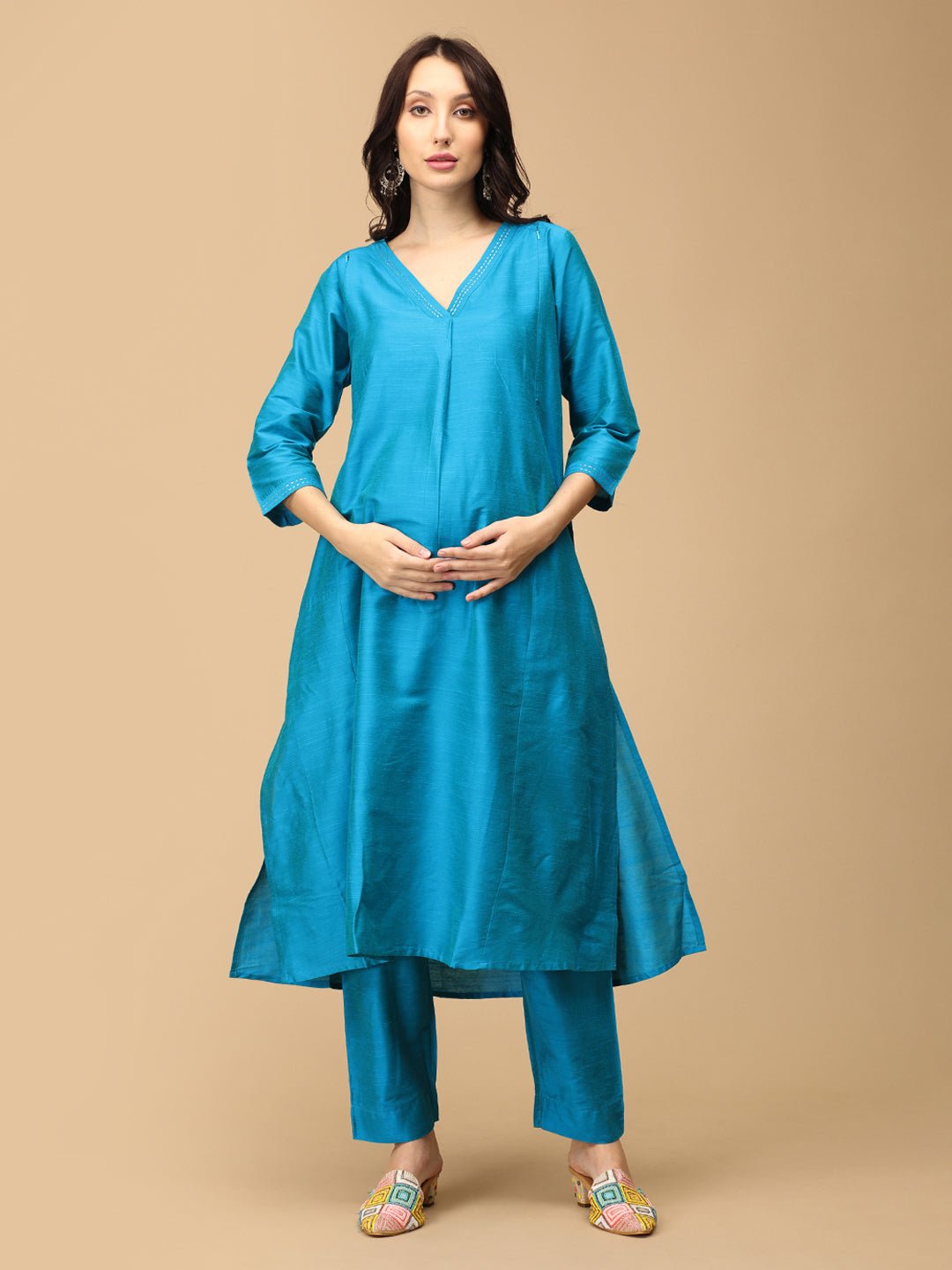 Mermaid Moment Embroidered Maternity and Nursing Silk Kurta Set Aqua Blue