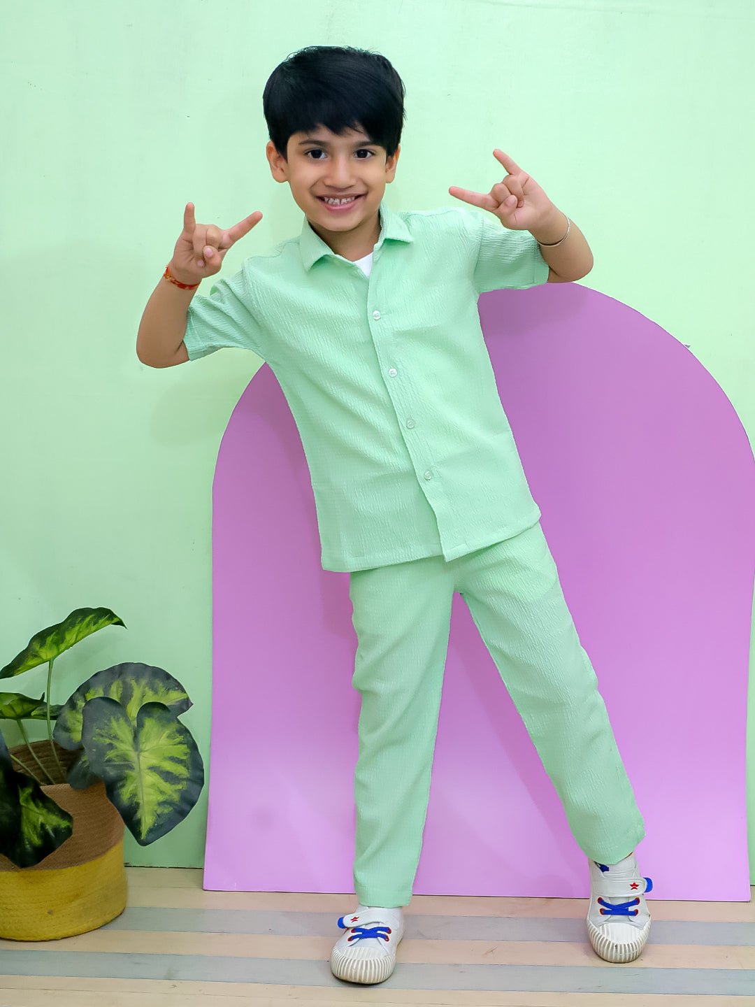Minty Mischief Green Cotton Half Sleeve Shirt And Pants Set For Boys