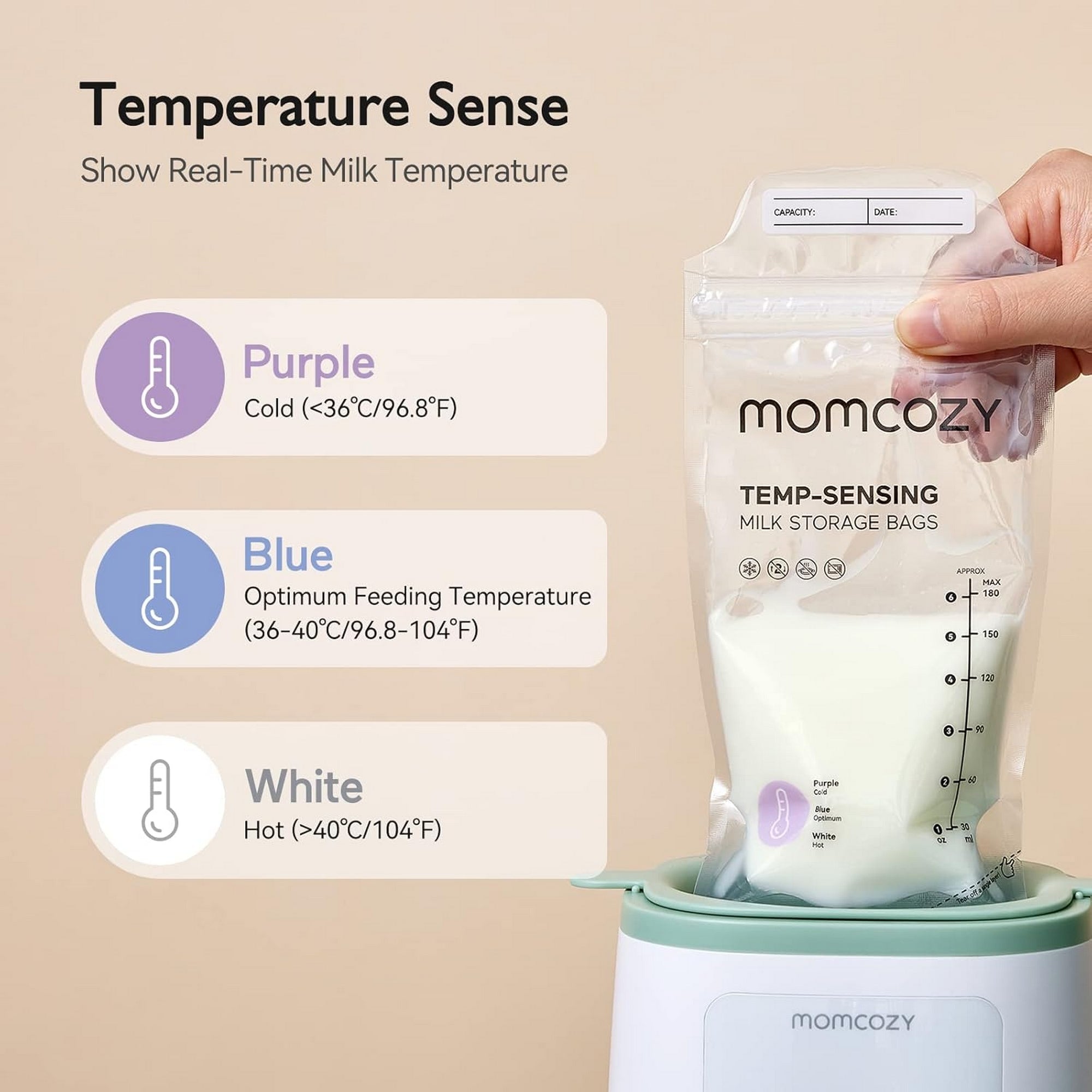 Momcozy Breastmilk Storage Bags 50 pcs TEMP-Sensing Double Zipper Transparent 180ml