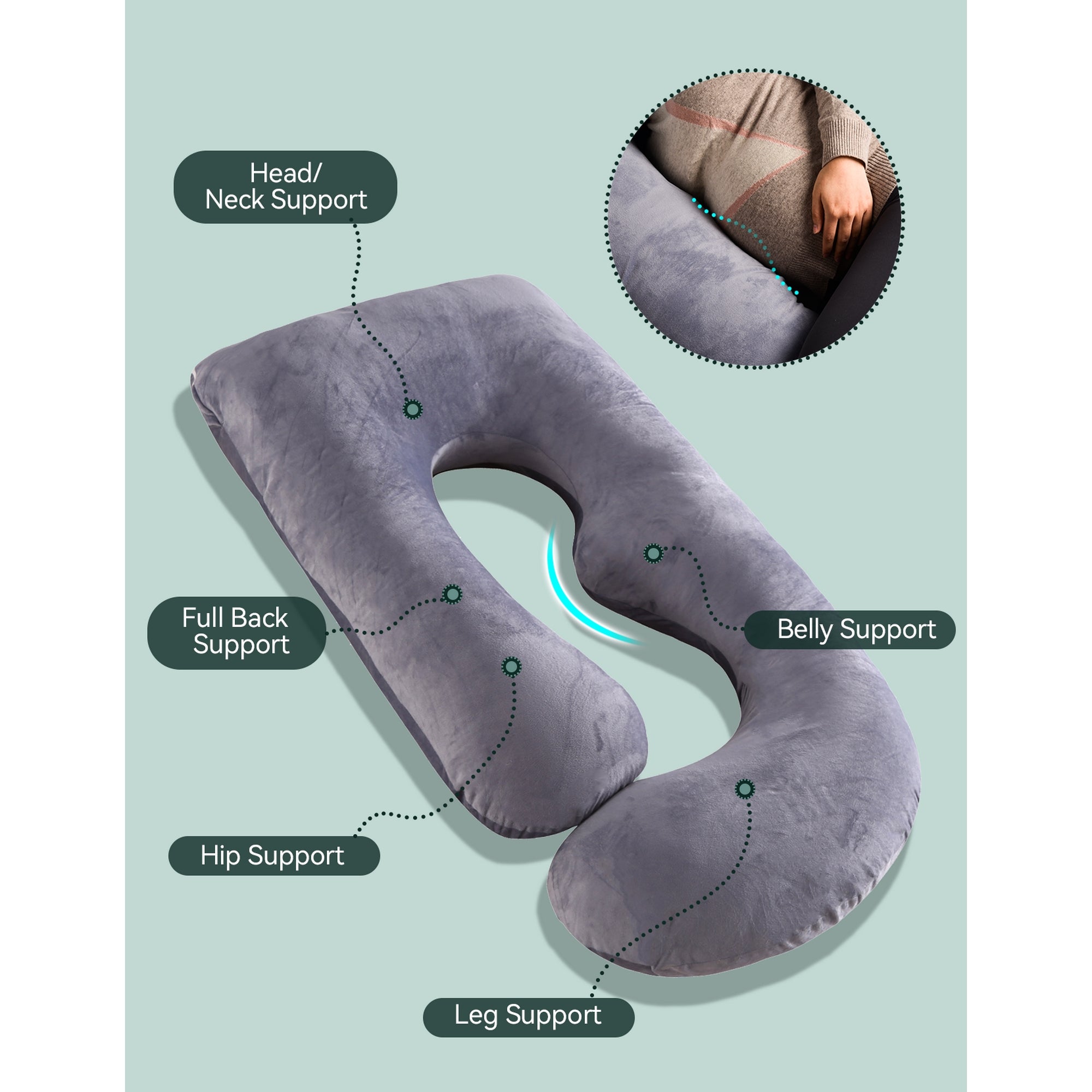 Momcozy G Shaped Pro Detachable Full Body Maternity Pillow Grey