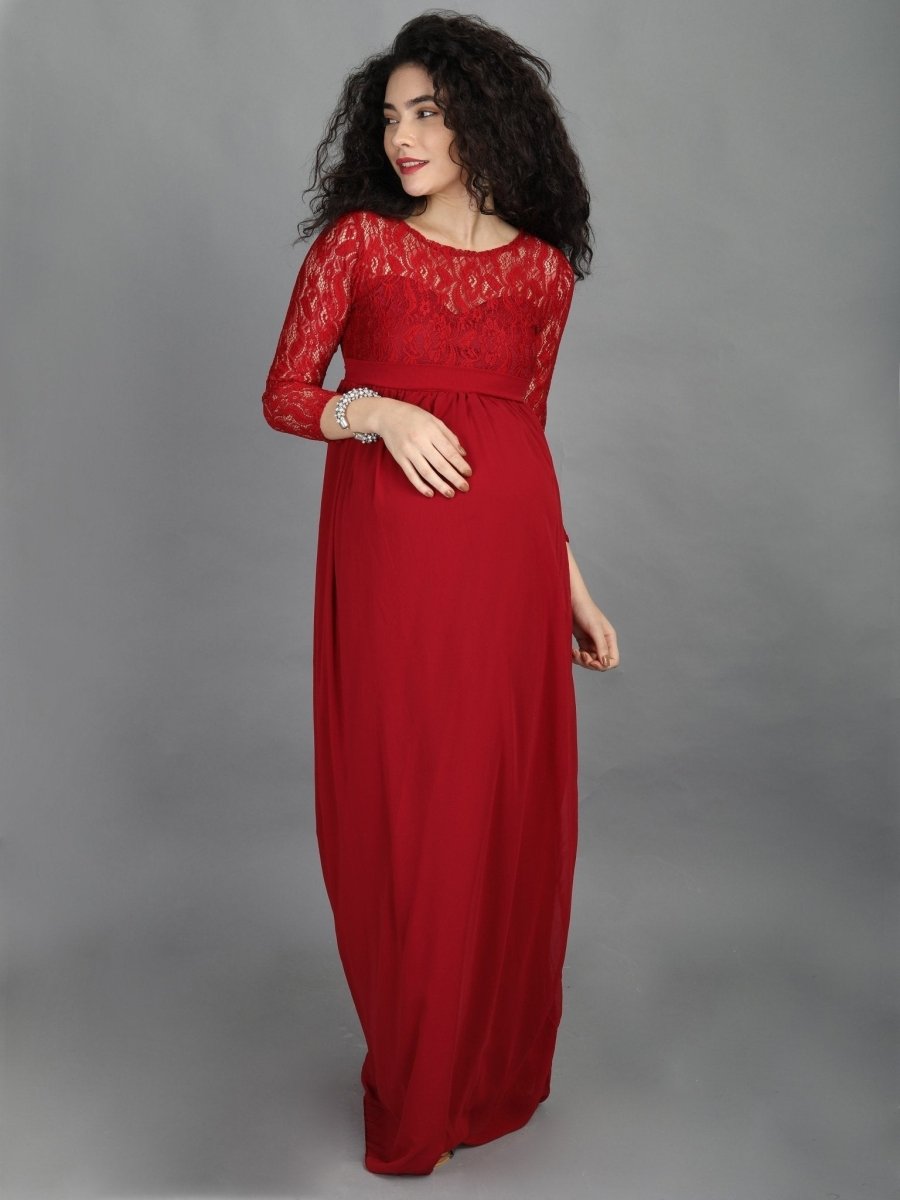 Mulberry Lace Sleeve Maternity and Nursing Gown Maroon