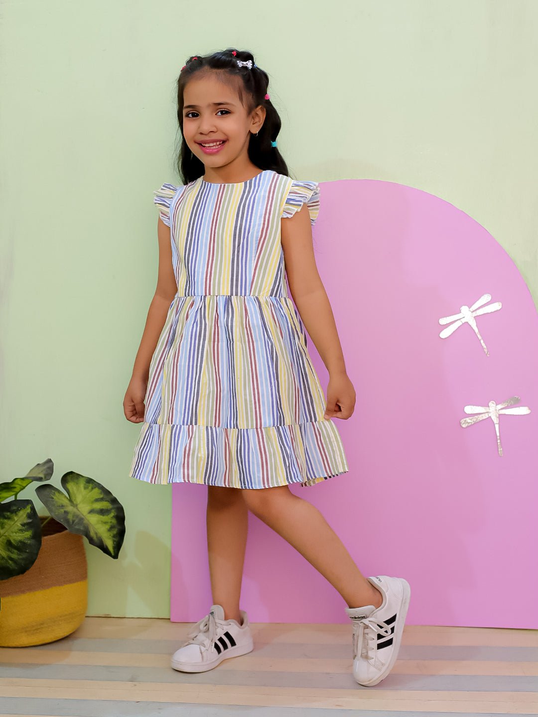 Multi Color Striped Girls Dress With Bow For Kids