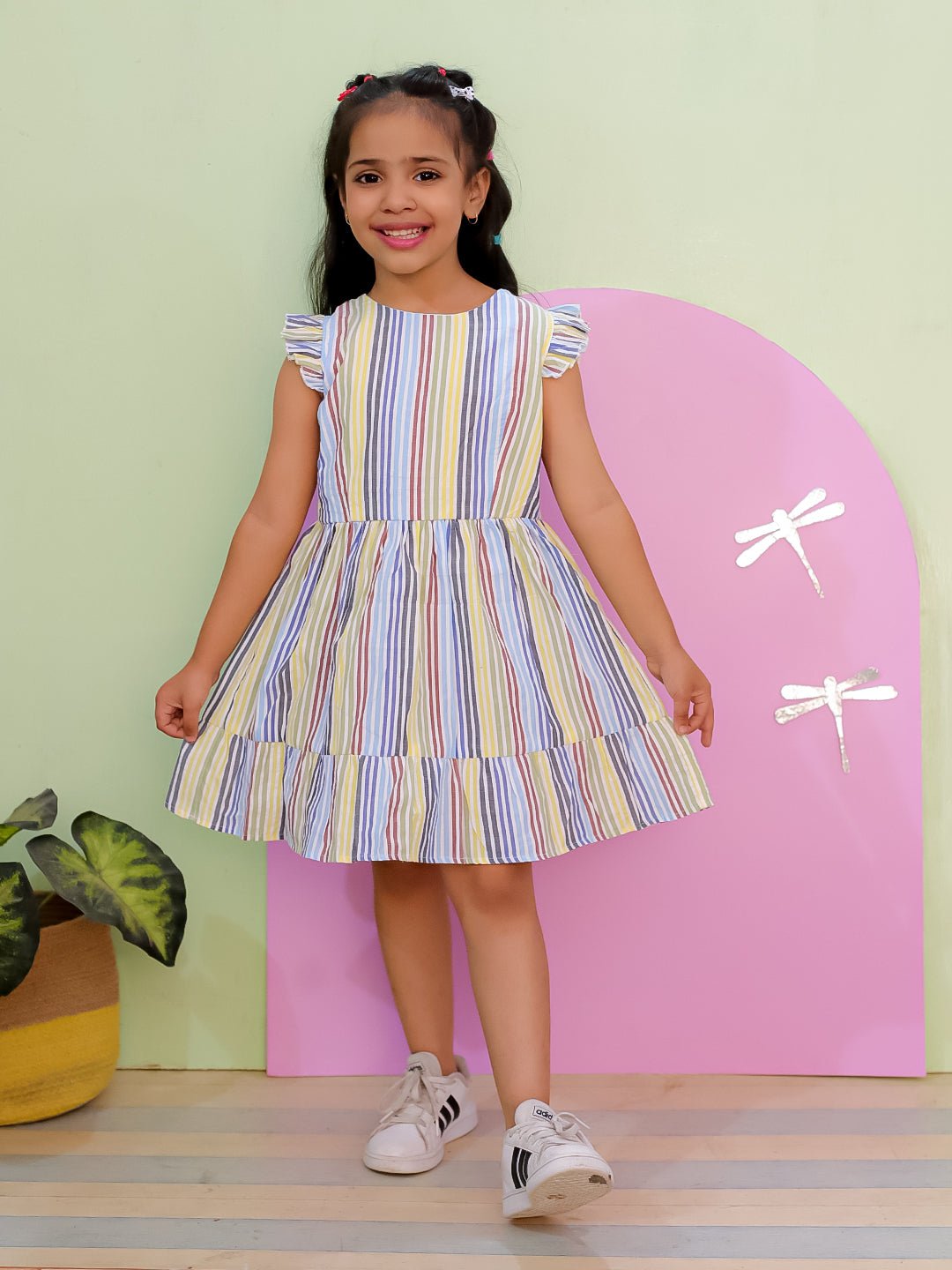 Multi Color Striped Girls Dress With Bow For Kids