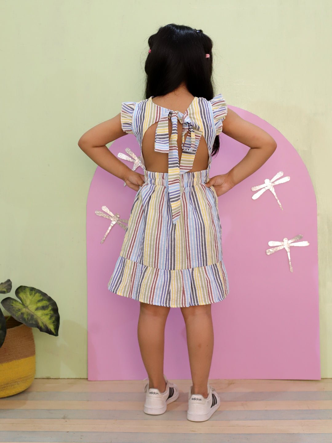 Multi Color Striped Girls Dress With Bow For Kids