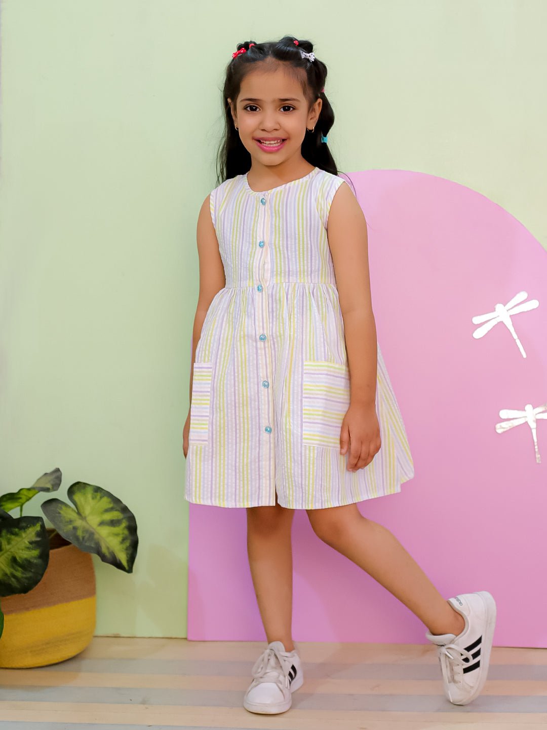 Multi Color Striped Cotton Dress With Patch Pockets For Girls