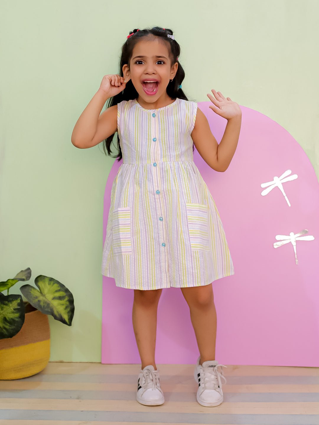 Multi Color Striped Cotton Dress With Patch Pockets For Girls