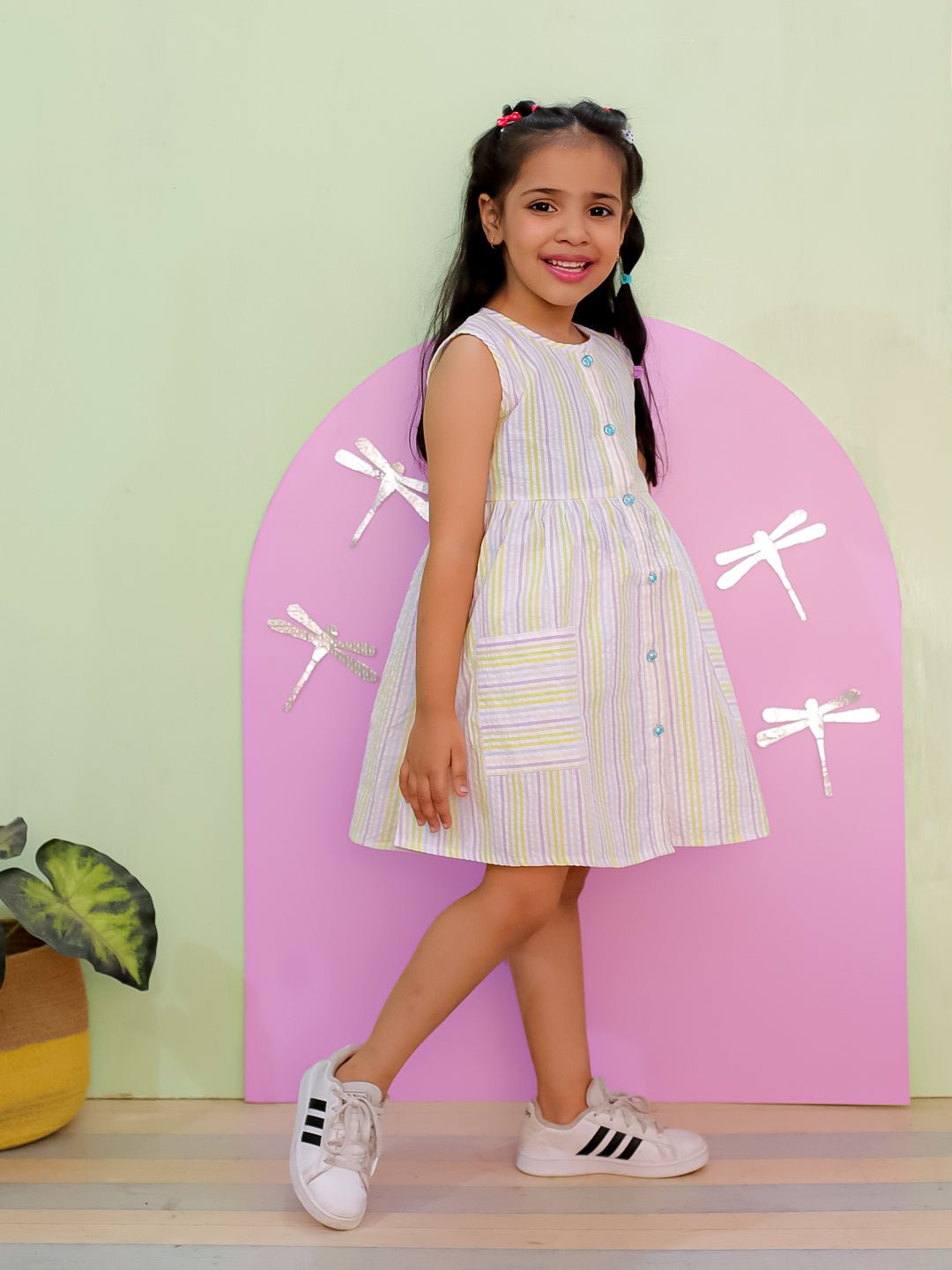 Multi Color Striped Cotton Dress With Patch Pockets For Girls