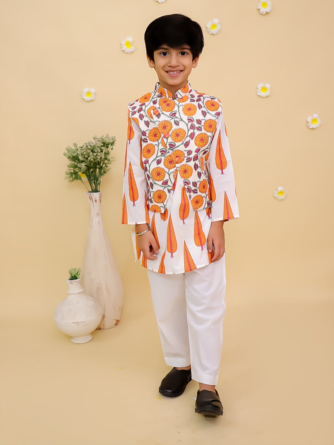 Narangi Boys Jacket And Kurta Pajama Set