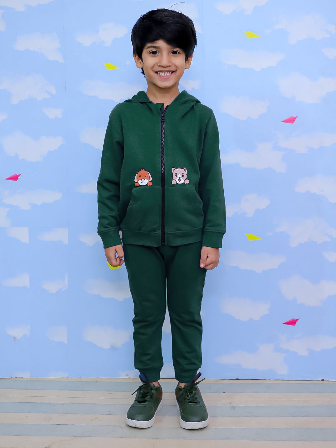 Naughty Puppies Zipper Jacket Bottle Green Sweatpants Set For Kids