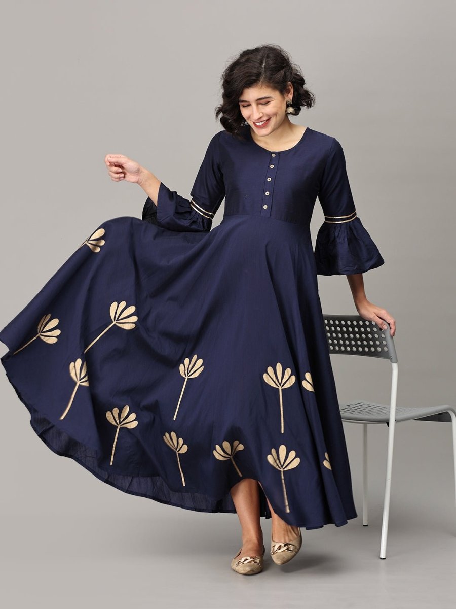 Navy Flared Floral Gold Foil Print Maternity and Nursing Kurti Navy