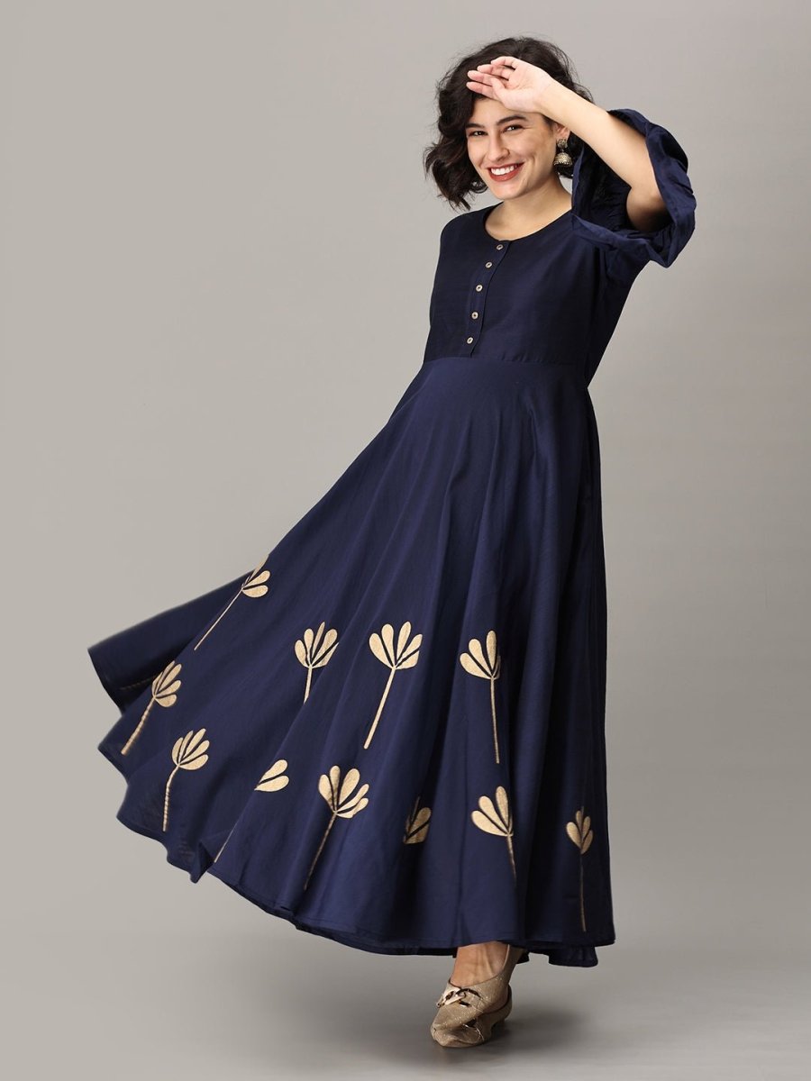 Navy Flared Floral Gold Foil Print Maternity and Nursing Kurti Navy