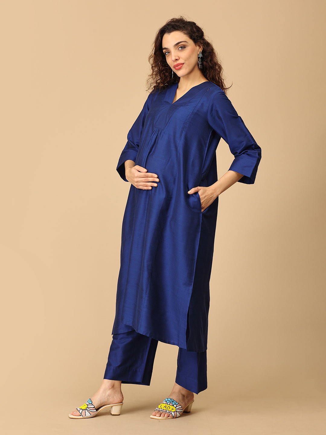 Neelam Ehsas Maternity and Nursing Silk Kurta Set Blue
