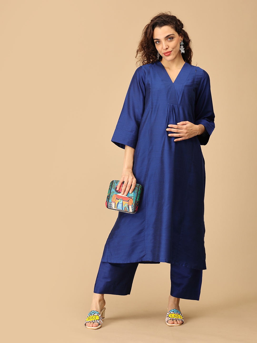 Neelam Ehsas Maternity and Nursing Silk Kurta Set Blue