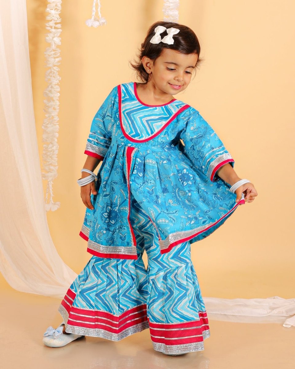 Ocean Blue Girls Anarkali Sharara Set