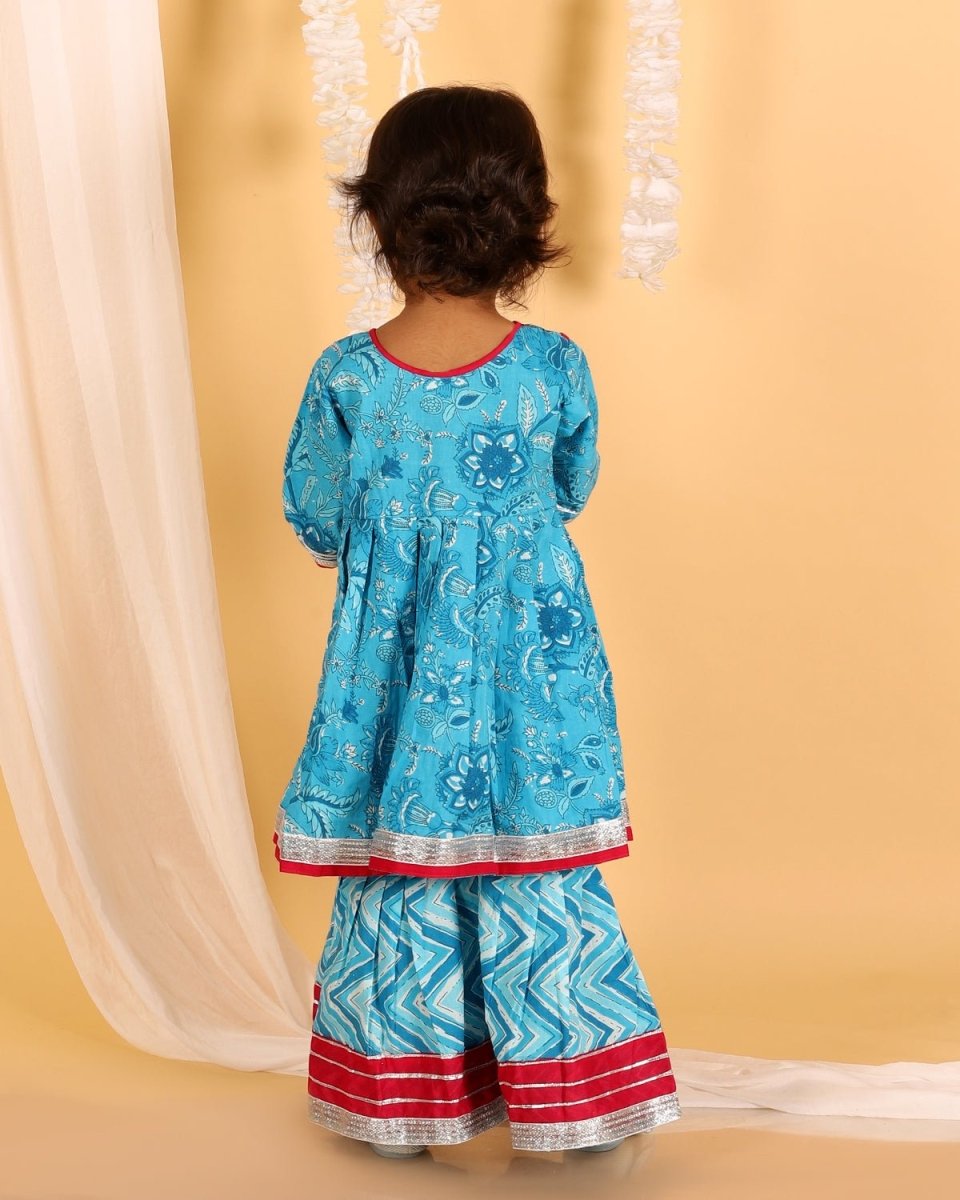 Ocean Blue Girls Anarkali Sharara Set