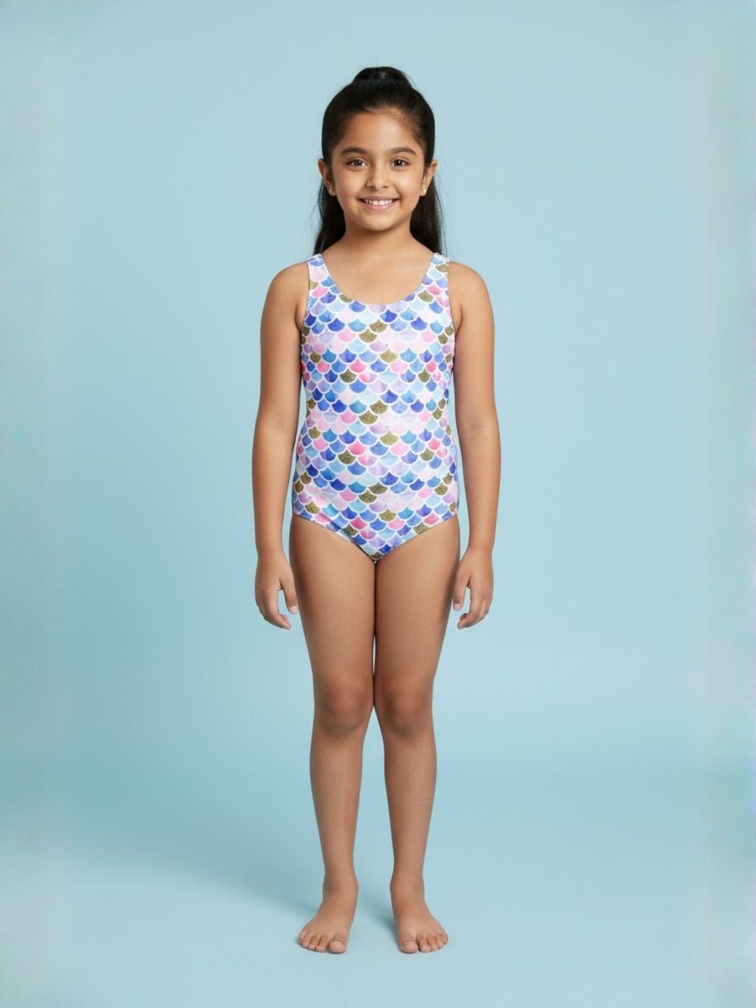 Mermaid Print Sleeveless Girls Swimsuit With Headband