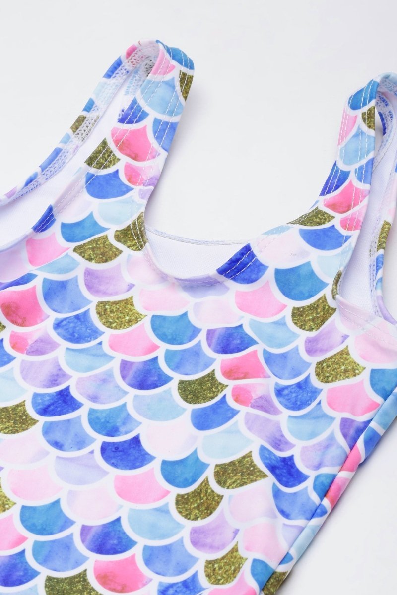 Mermaid Print Sleeveless Girls Swimsuit With Headband