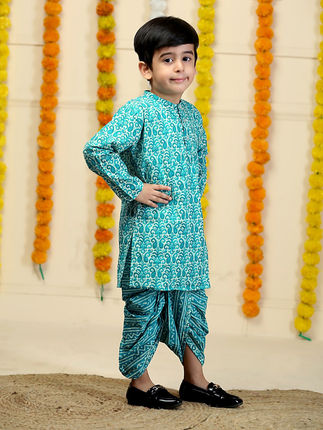 Oceanic Elegance Aqua Printed Boys Dhoti Kurta Set
