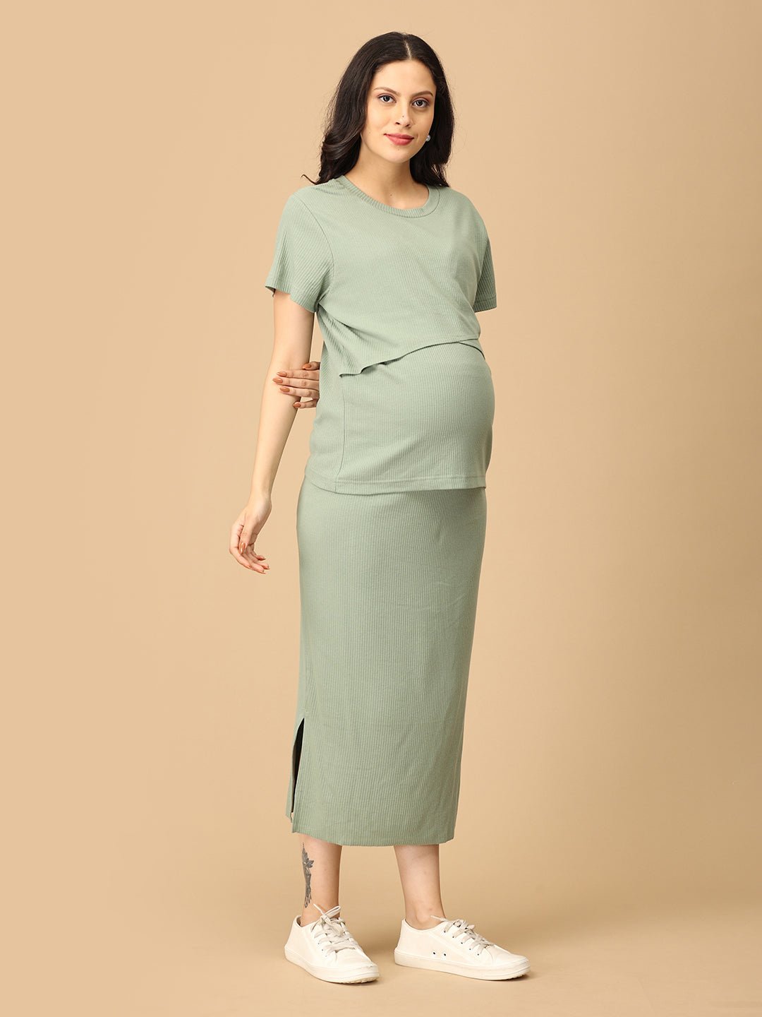 Olive the Trend Ribbed Maternity and Nursing Skirt Set Olive