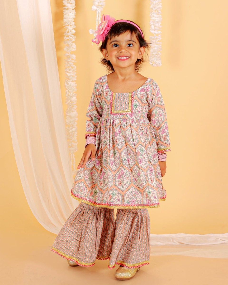 Pastel Peach Girls Anarkali Sharara Set