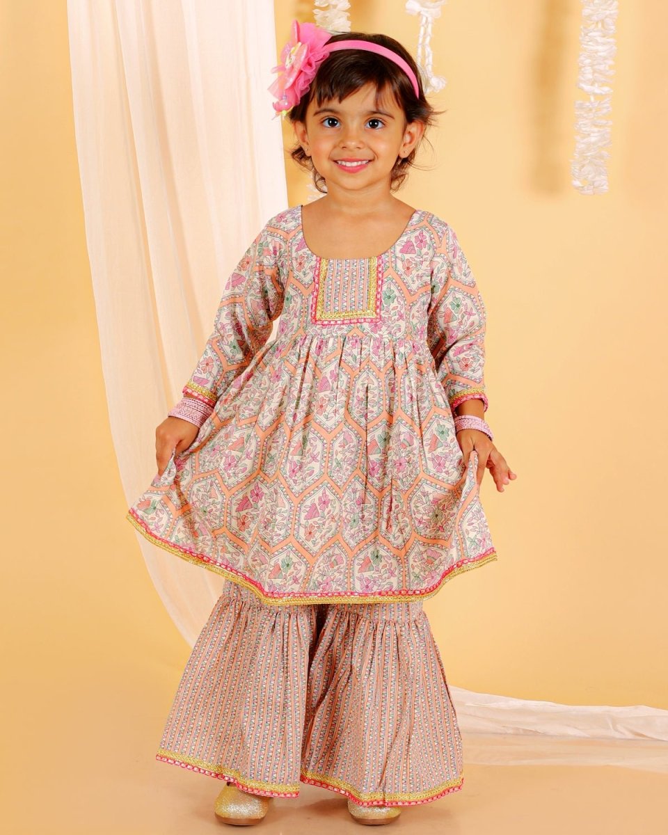 Pastel Peach Girls Anarkali Sharara Set