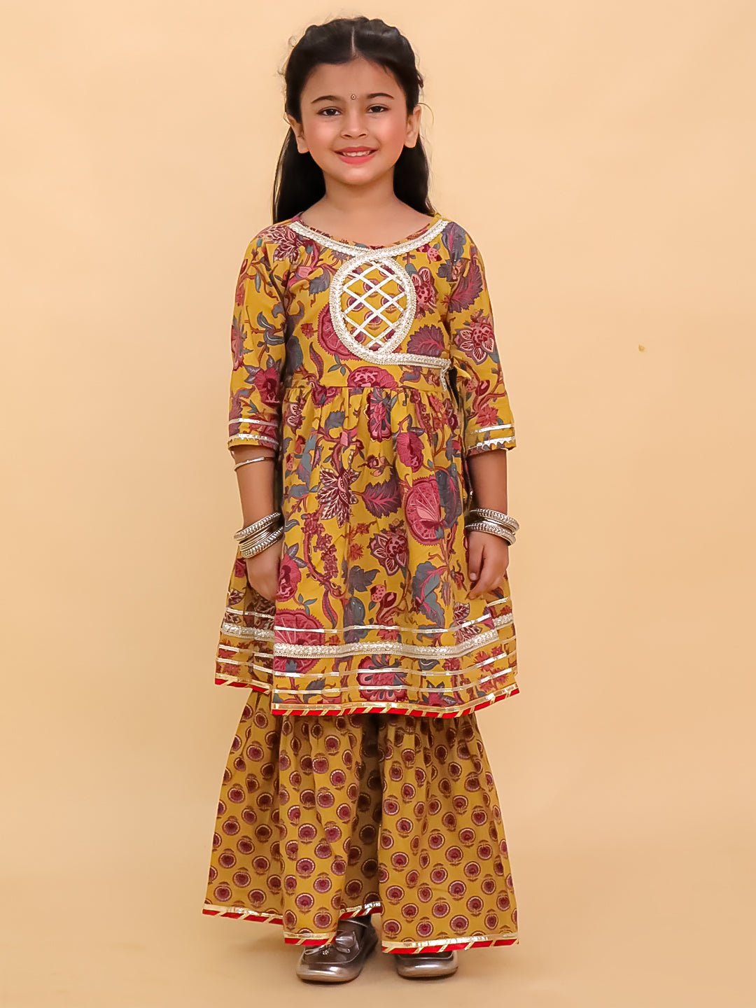 Peele Phool Block Print Girls Anarkali Sharara Set