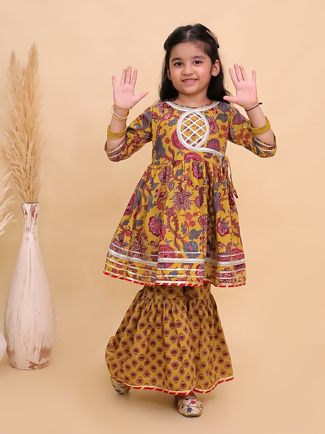Peele Phool Block Print Girls Anarkali Sharara Set