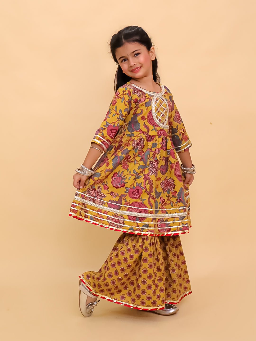 Peele Phool Block Print Girls Anarkali Sharara Set