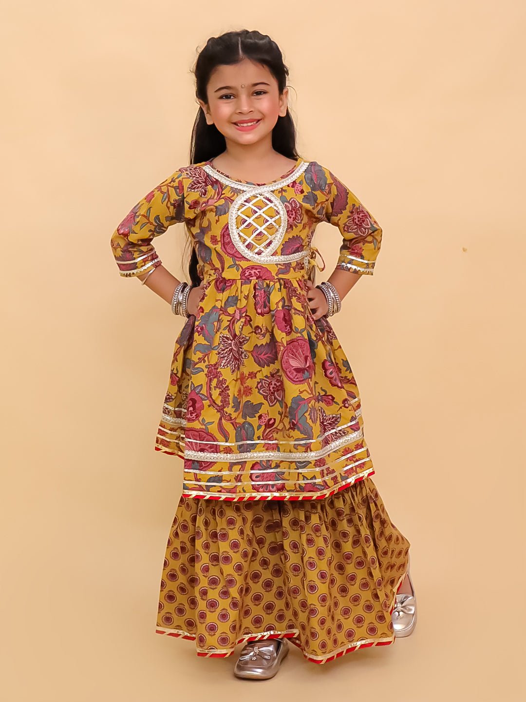 Peele Phool Block Print Girls Anarkali Sharara Set