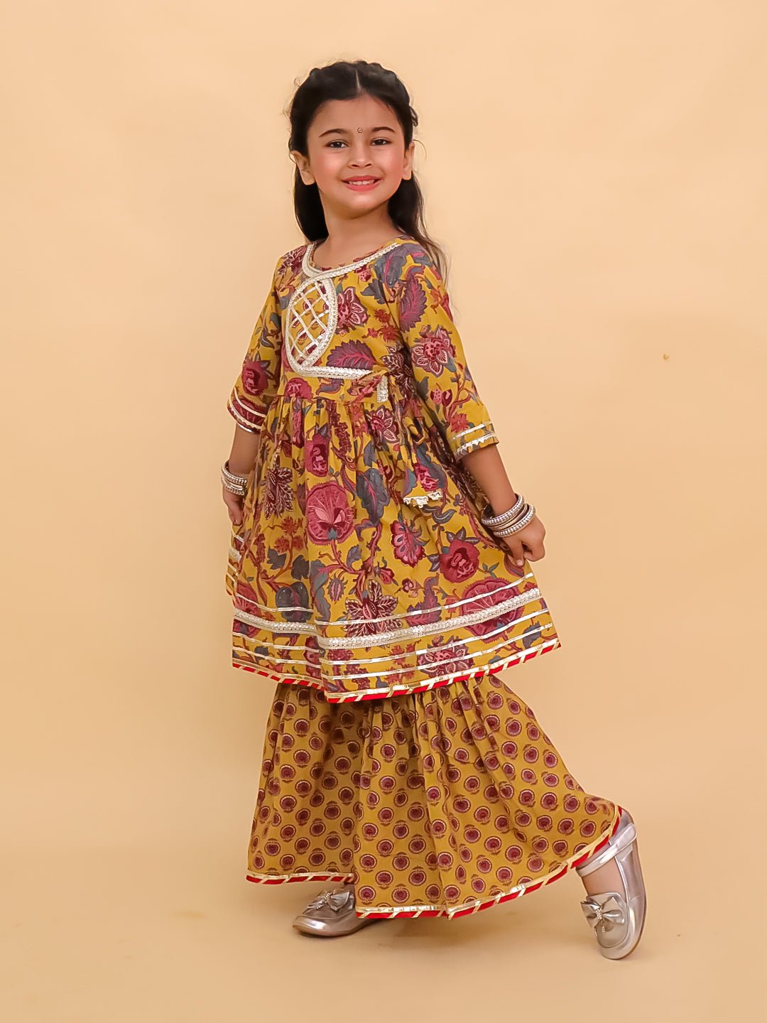 Peele Phool Block Print Girls Anarkali Sharara Set