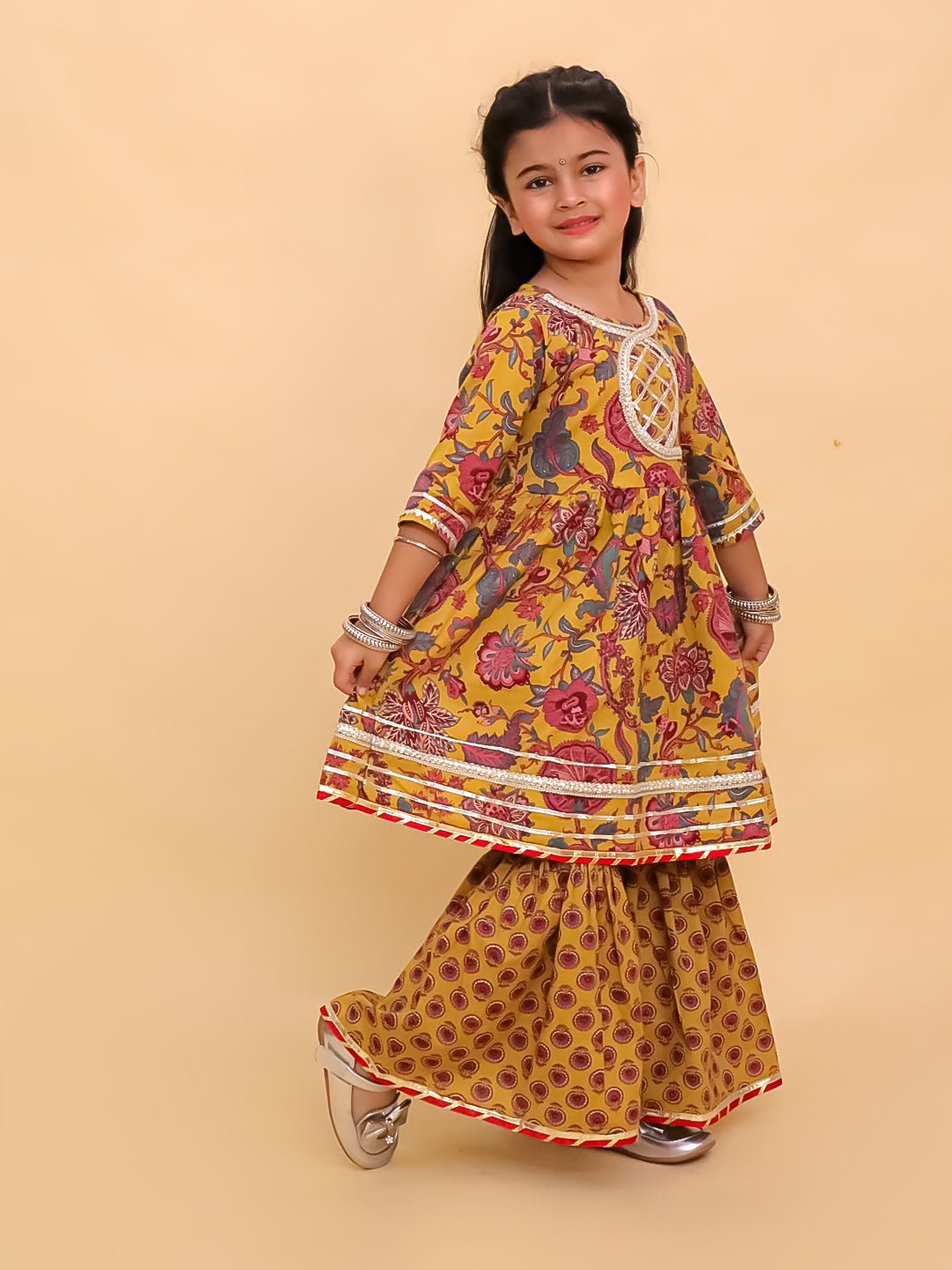 Peele Phool Block Print Girls Anarkali Sharara Set