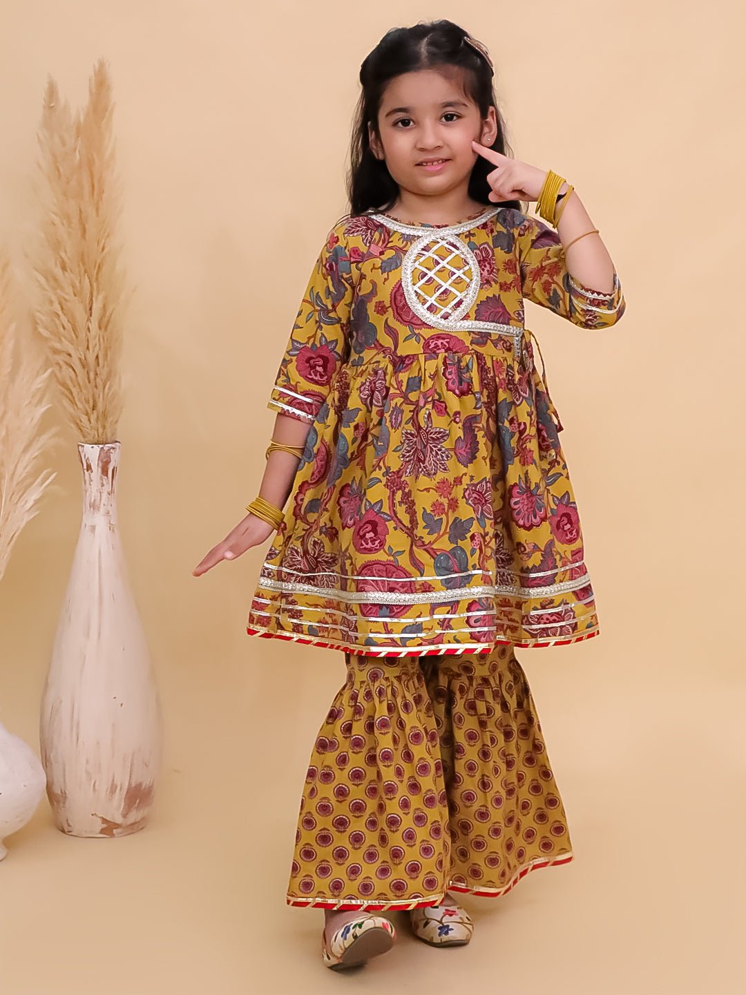 Peele Phool Block Print Girls Anarkali Sharara Set