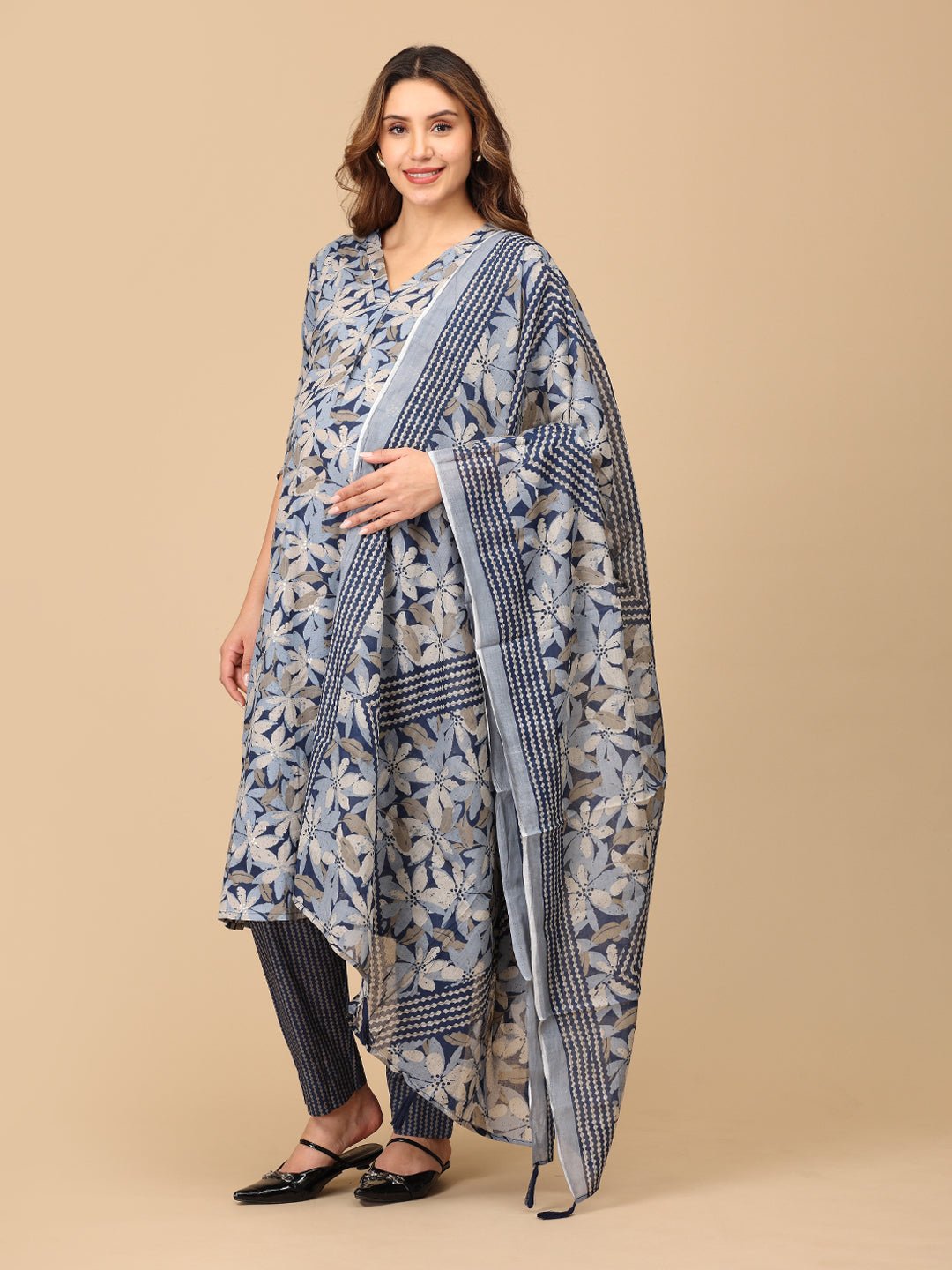 Phool On Navy Maternity and Nursing Kurta Set Navy