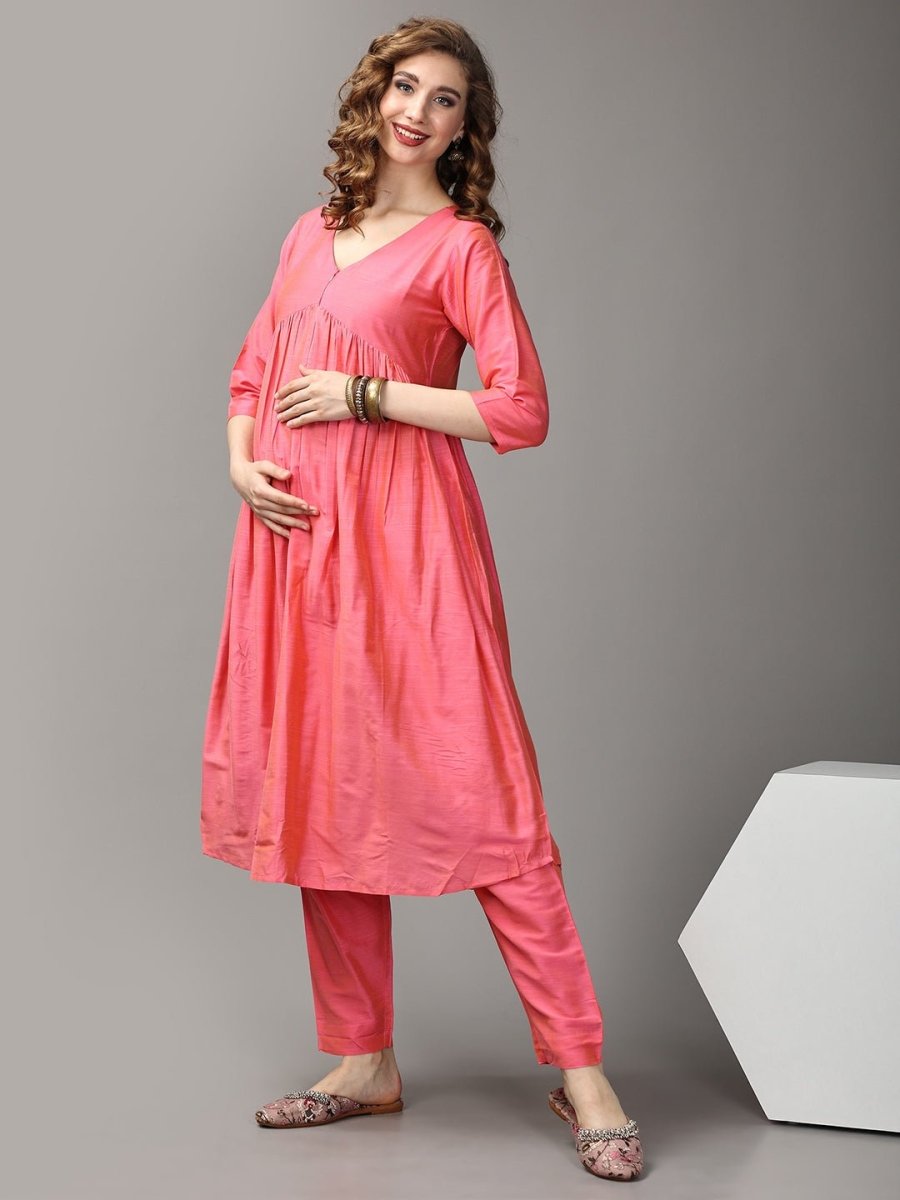Pinking Perfect Maternity and Nursing Silk Kurta Set Pink