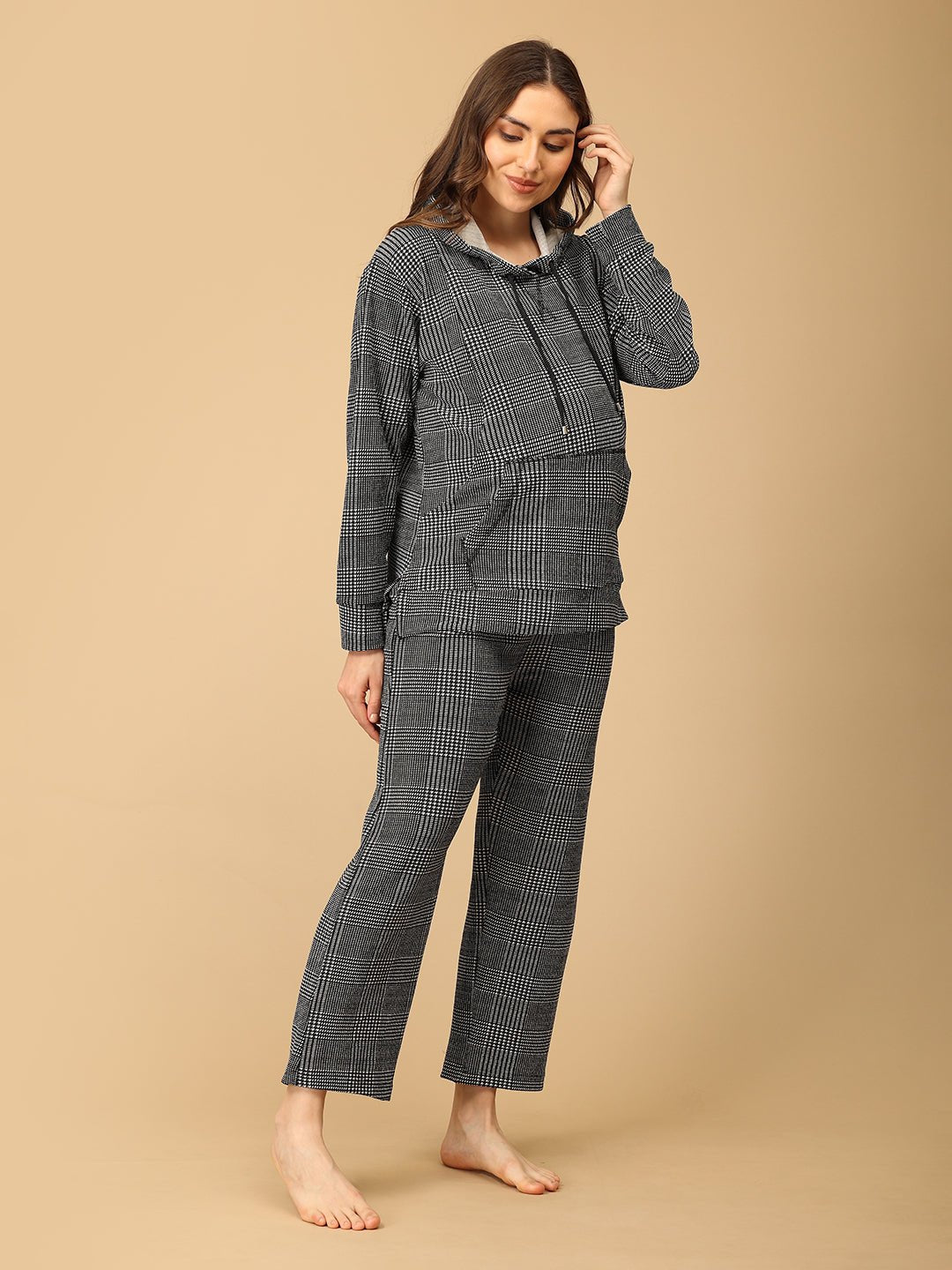 Plaiditude Maternity and Nursing Hoodie Pajama Loungewear Set Black