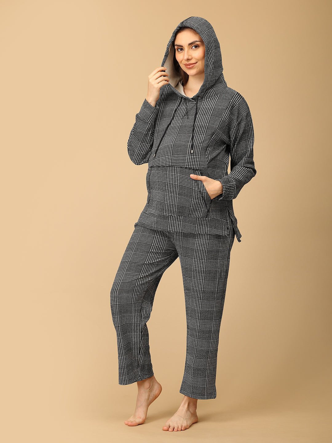 Plaiditude Maternity and Nursing Hoodie Pajama Loungewear Set Black