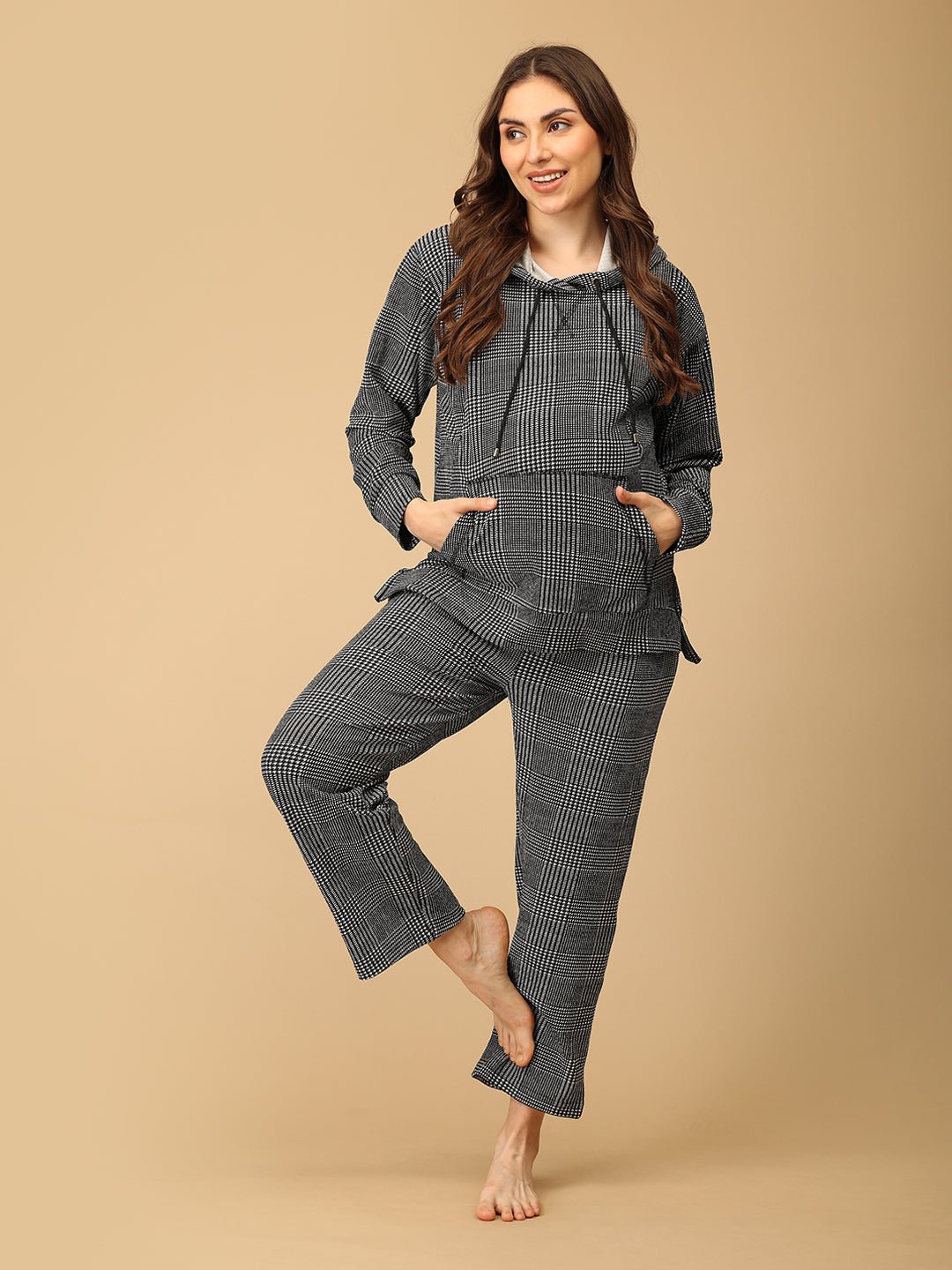 Plaiditude Maternity and Nursing Hoodie Pajama Loungewear Set Black