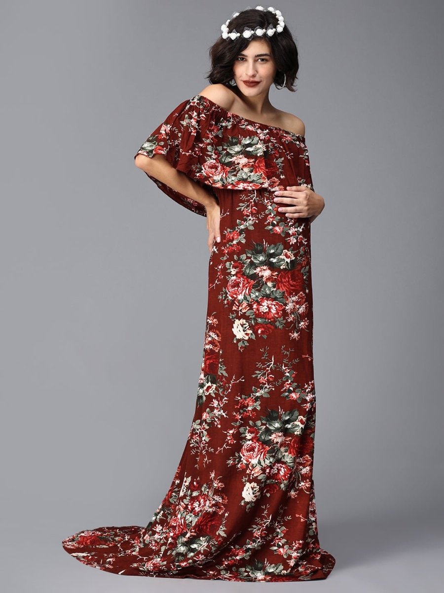 Plum And Done Floral Maternity Photoshoot Gown Maroon