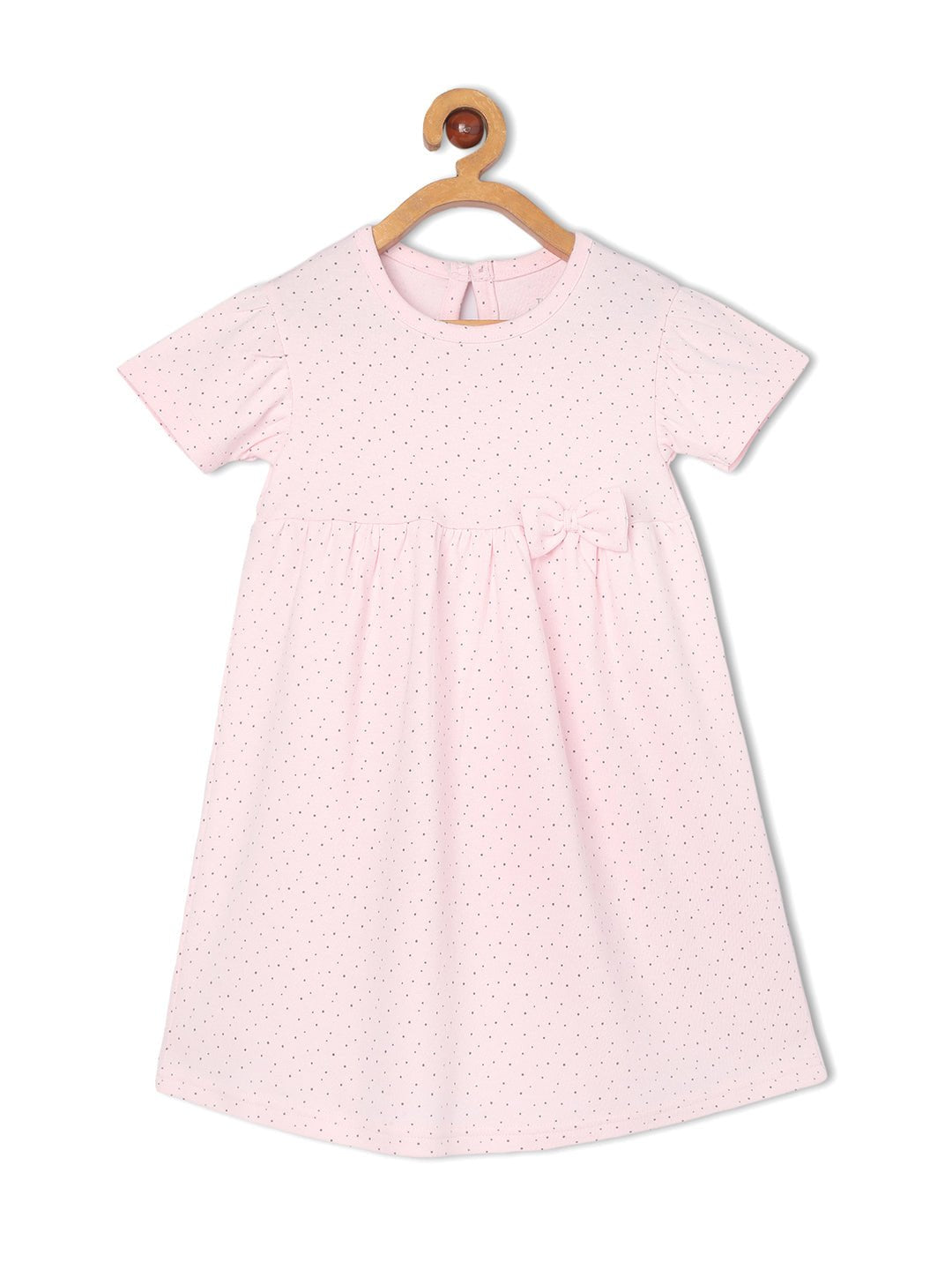 Polka Dotted Pink Cotton Cap Sleeve Casual Dress For Girls