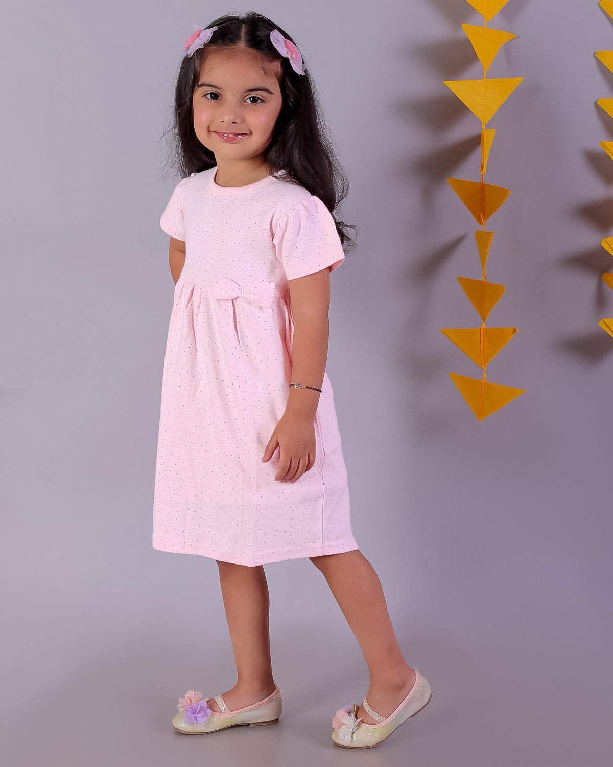 Polka Dotted Pink Cotton Cap Sleeve Casual Dress For Girls
