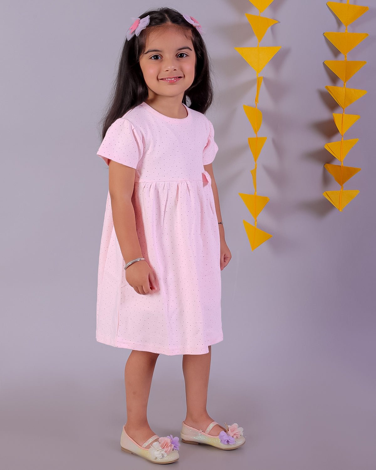 Polka Dotted Pink Cotton Cap Sleeve Casual Dress For Girls