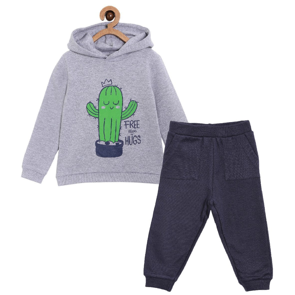 Navy Blue Pricks And Hugs Hooded Sweatshirt Set For Kids