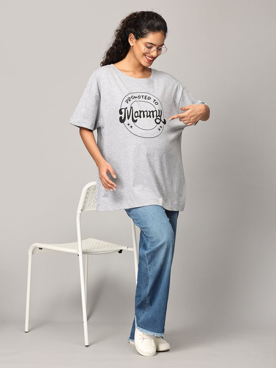 Promoted To Mummy Oversized Maternity and Nursing T shirt Grey