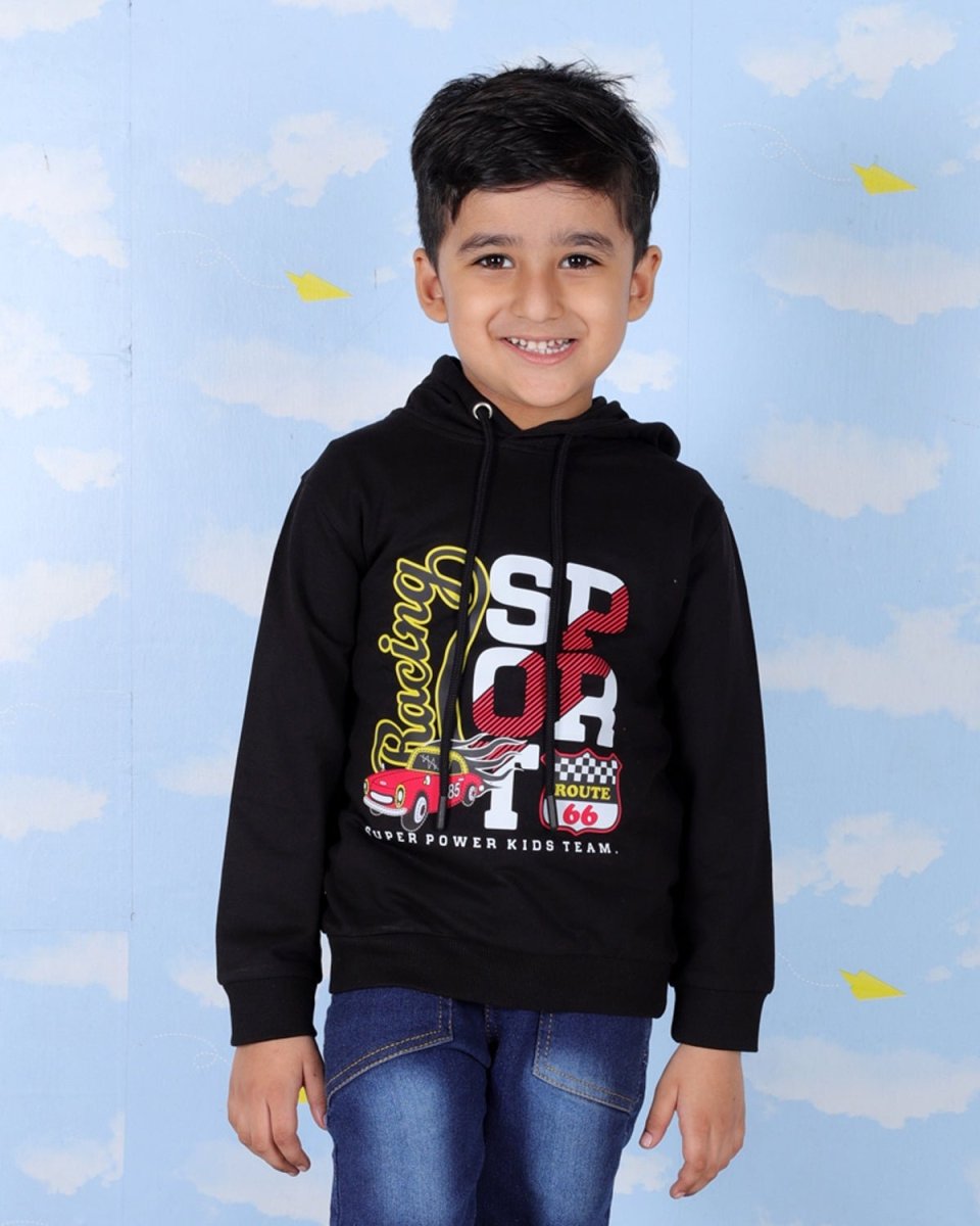 Black Racing Sport Hooded Sweatshirt For Boys
