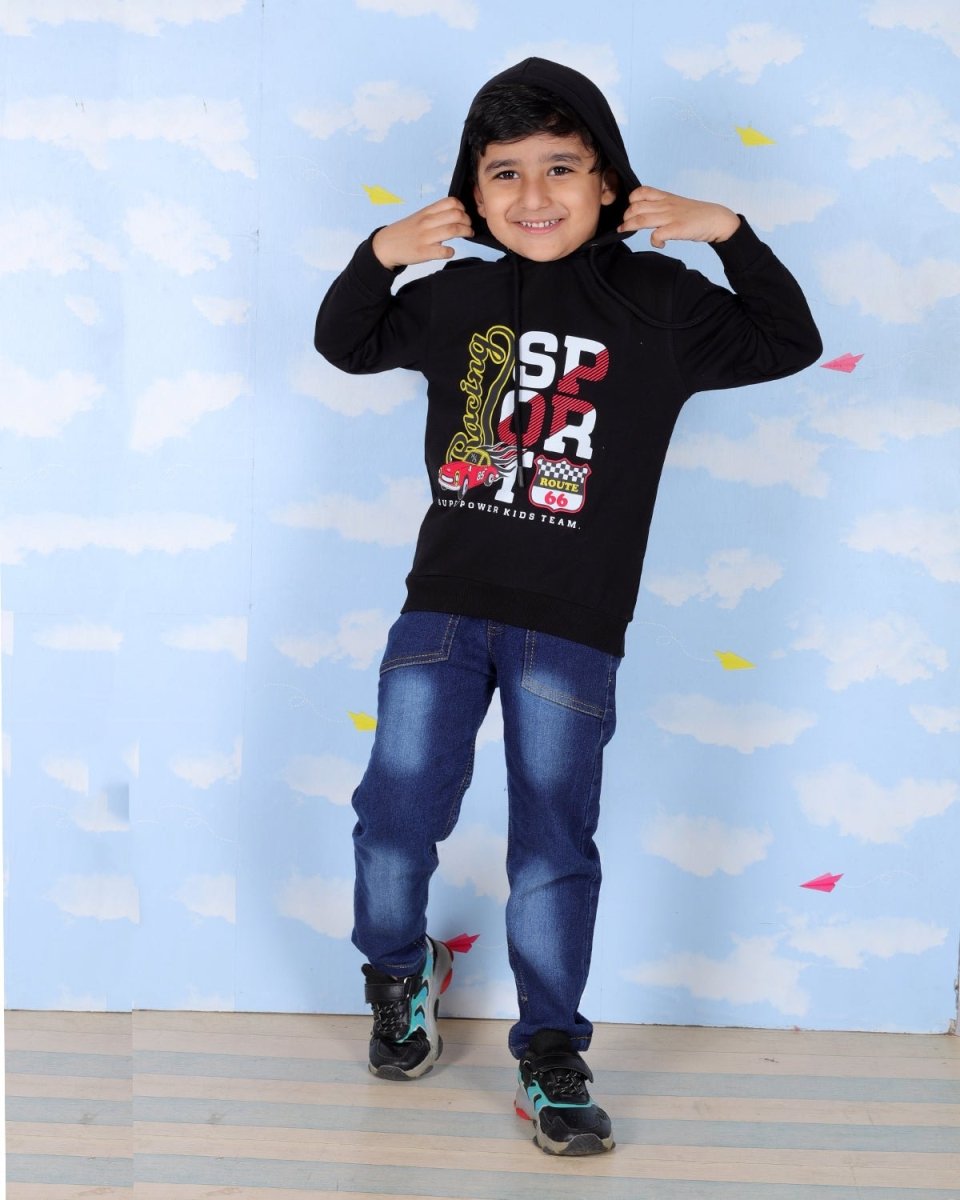 Black Racing Sport Hooded Sweatshirt For Boys