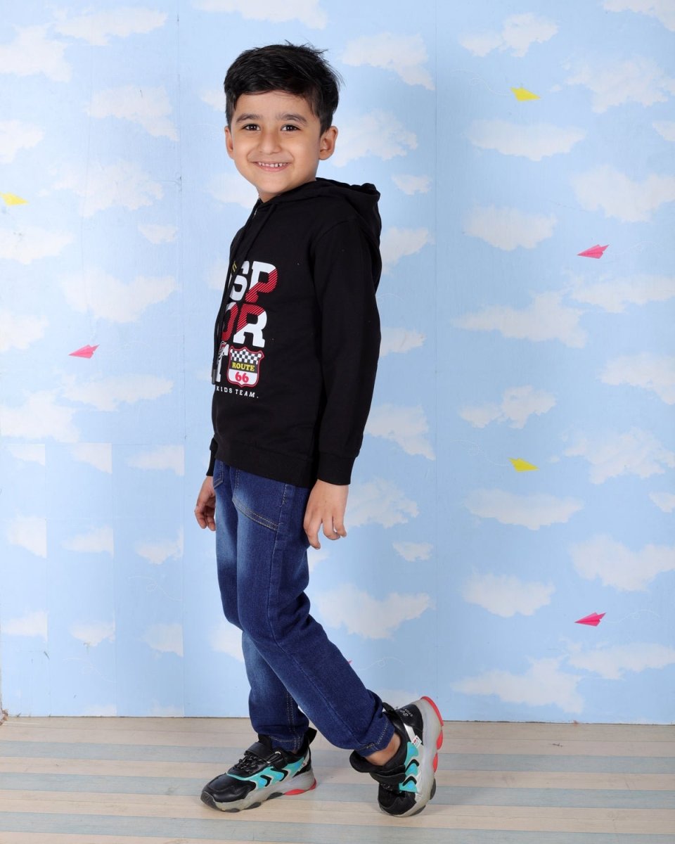 Black Racing Sport Hooded Sweatshirt For Boys