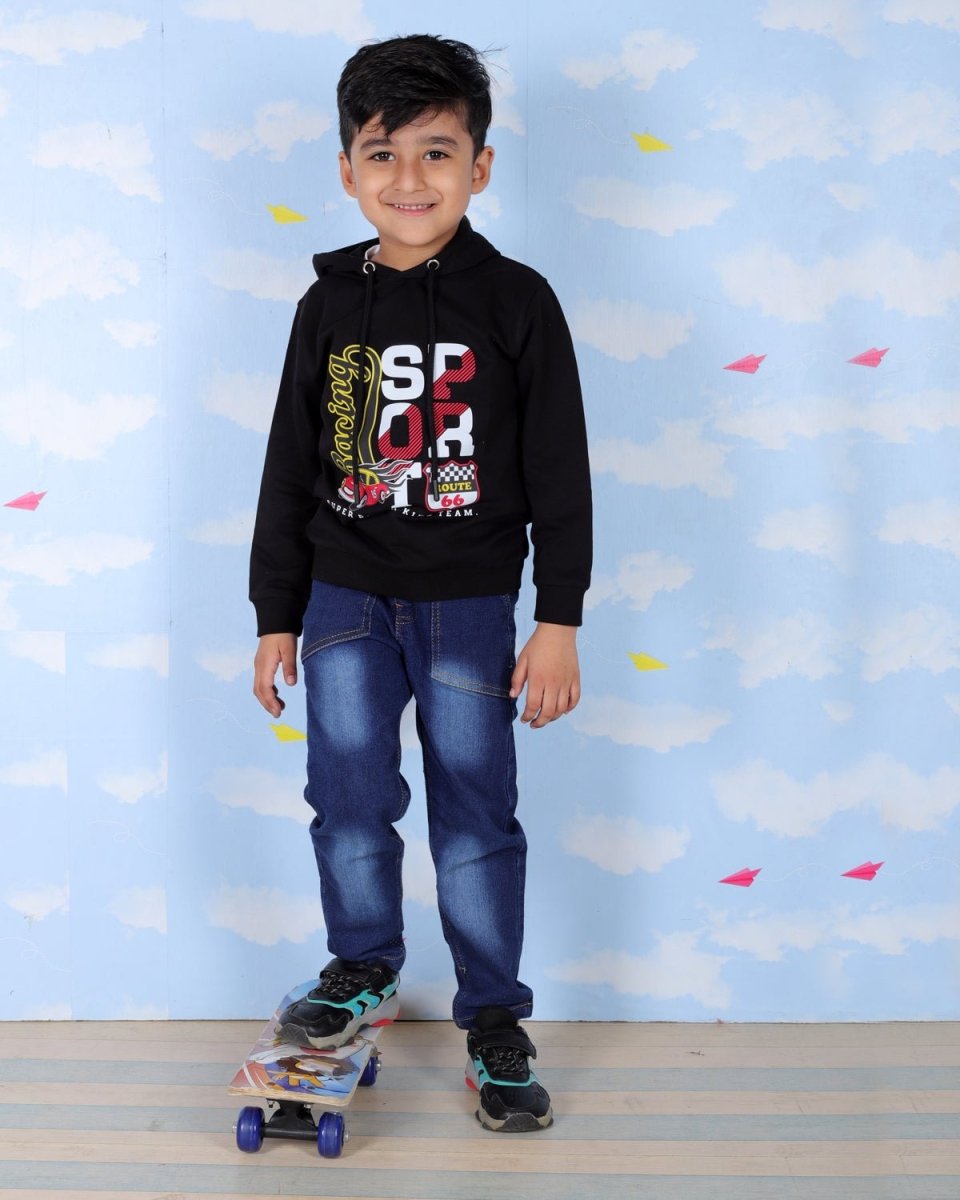 Black Racing Sport Hooded Sweatshirt For Boys